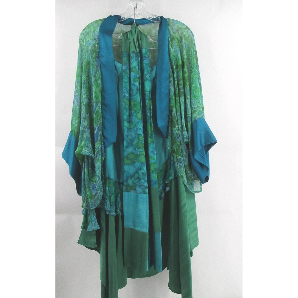 Hand-Painted Silk Outfit: Boho Kimono Skirt Set, Size L